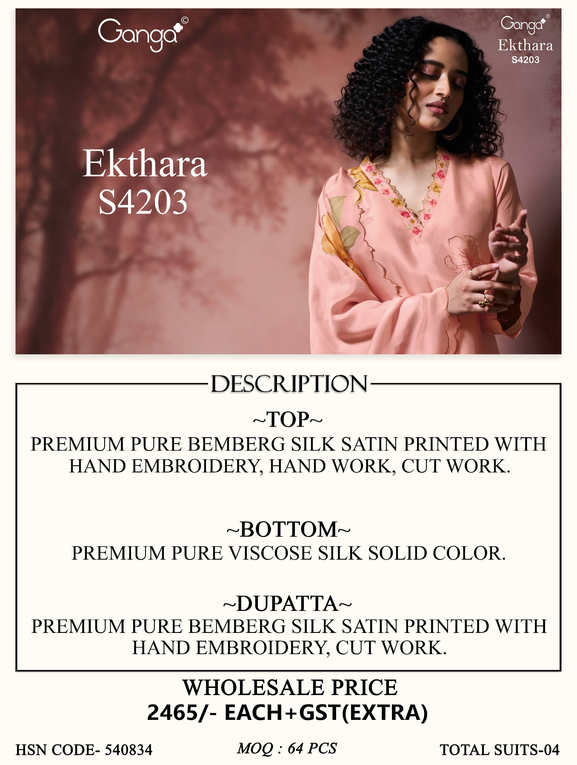 EKTHARA 4203 Series By GANGA FASHION Stylish Beautiful Colourful PURE BEMBERG SILK Dresses At Wholesale Price
